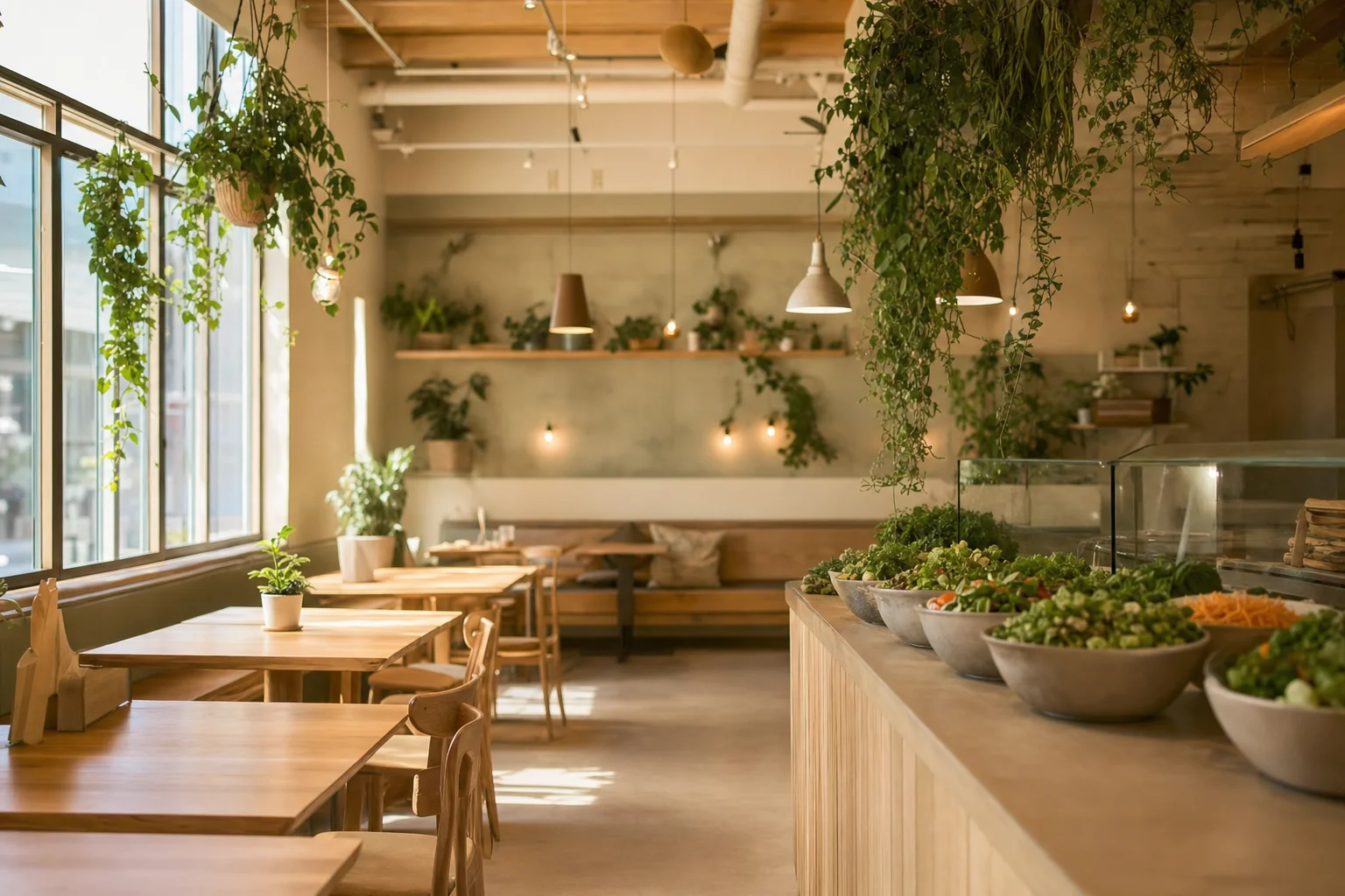 The warm interior of an organic cafe with fresh produce on wooden counters