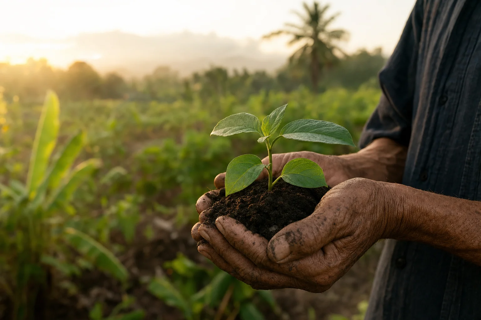 An organic farm at first light, rows of vegetables in rich soil