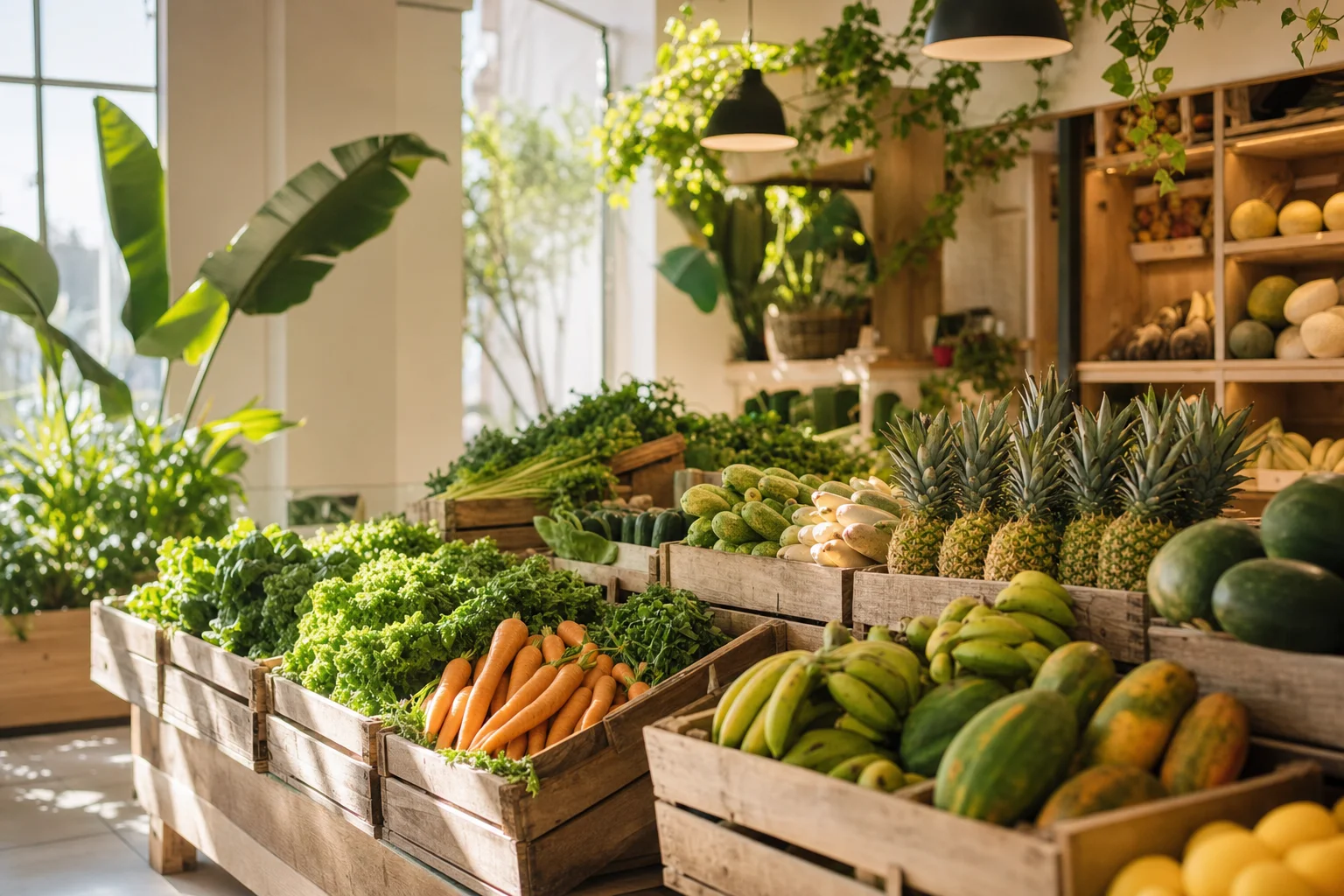 Fresh organic produce and pantry staples in warm natural light