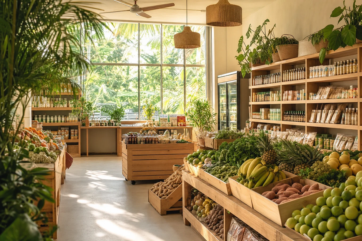 A bright organic grocery store interior with stocked wooden shelves