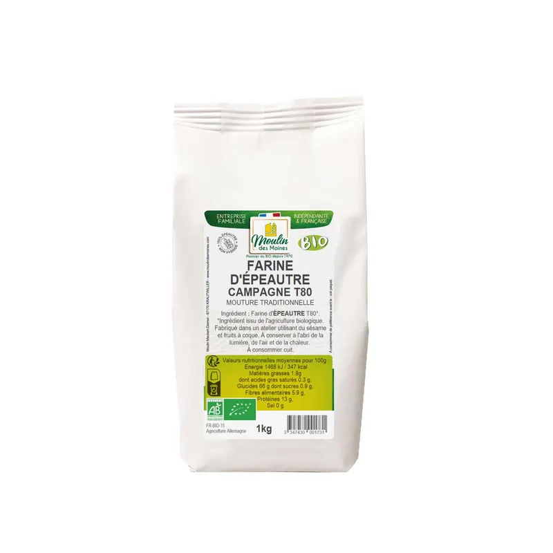 Organic Country Spelt Flour T80 - 1kg, MOULIN DES MOINES