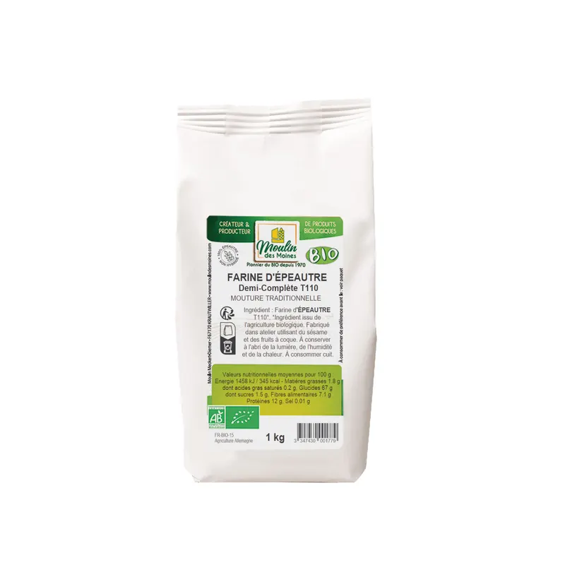 Organic Semi-Whole Spelt Flour T110 - 1kg, MOULIN DES MOINES
