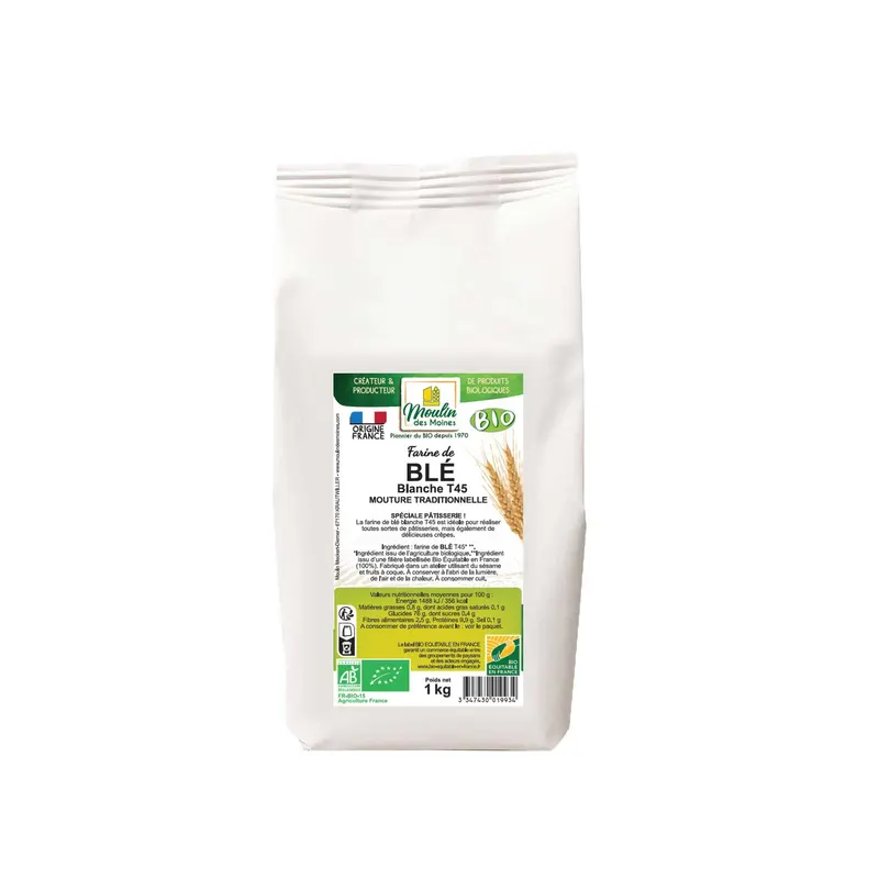 Organic White Wheat Flour T45 Fair Trade in France - 1kg, MOULIN DES MOINES