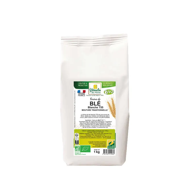 Organic White Wheat Flour T55 Fair Trade in France - 1kg, MOULIN DES MOINES