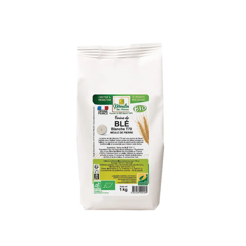 Organic White Wheat Flour T70 Stone-Ground Fair Trade in France - 1kg, MOULIN DES MOINES
