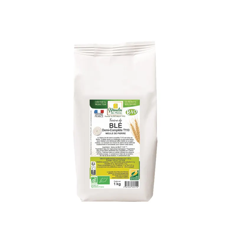 Semi-Whole Organic Wheat Flour T110 Stone-Ground Fair Trade in France - 1kg, MOULIN DES MOINES