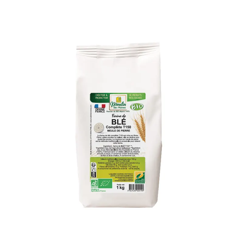 Whole Organic Wheat Flour T150 Stone-Ground Fair Trade in France - 1kg, MOULIN DES MOINES