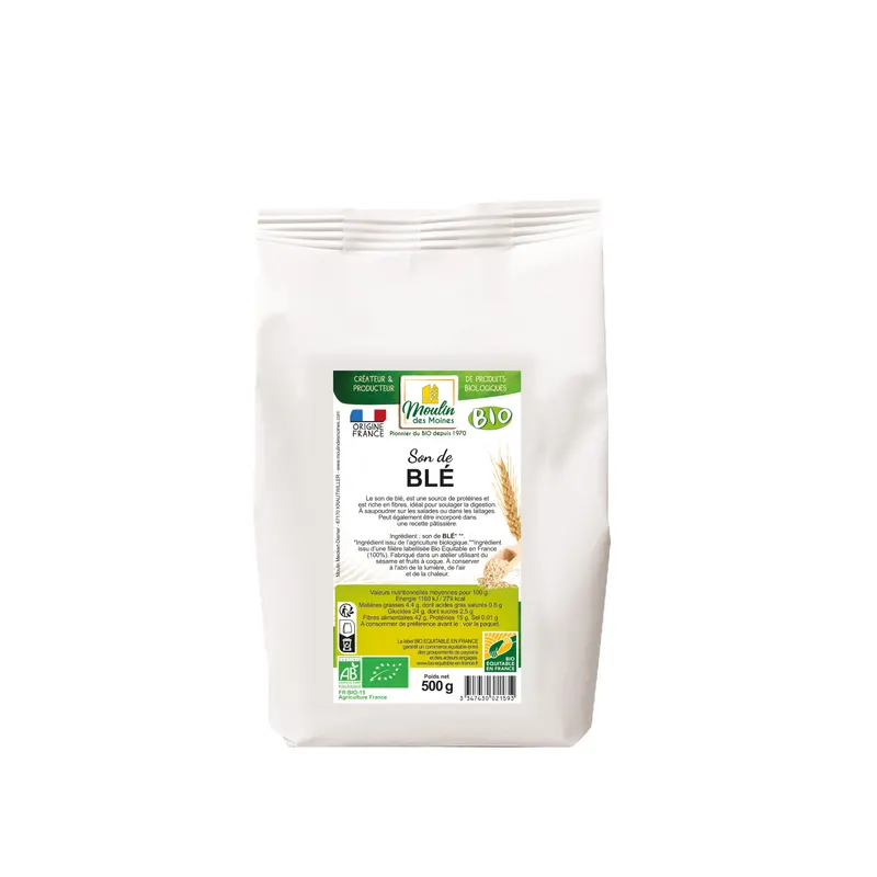 Organic Wheat Bran Fair Trade In France - 500g, MOULIN DES MOINES