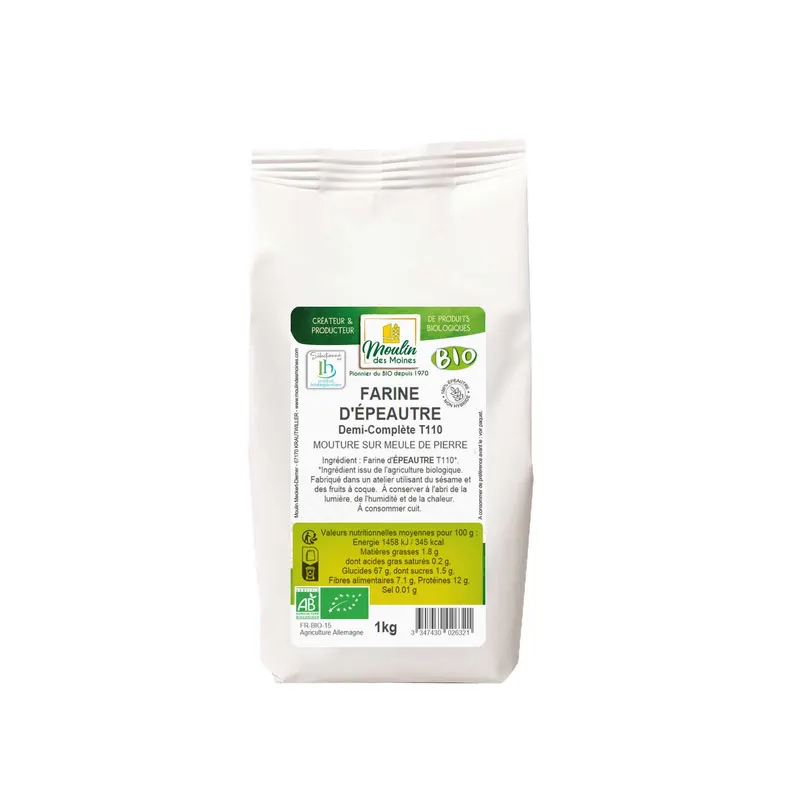 Organic Semi-Whole Spelt Flour T110 Stone Milled Hildegarde - 1kg, MOULIN DES MOINES