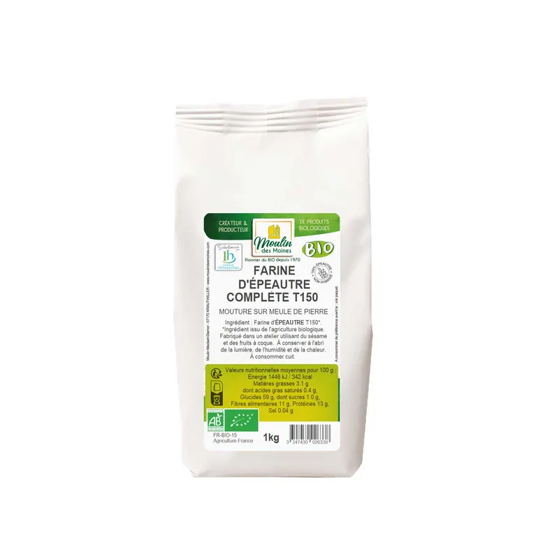 Organic Whole Spelt Flour T150 Stone Milled Hildegarde - 1kg, MOULIN DES MOINES