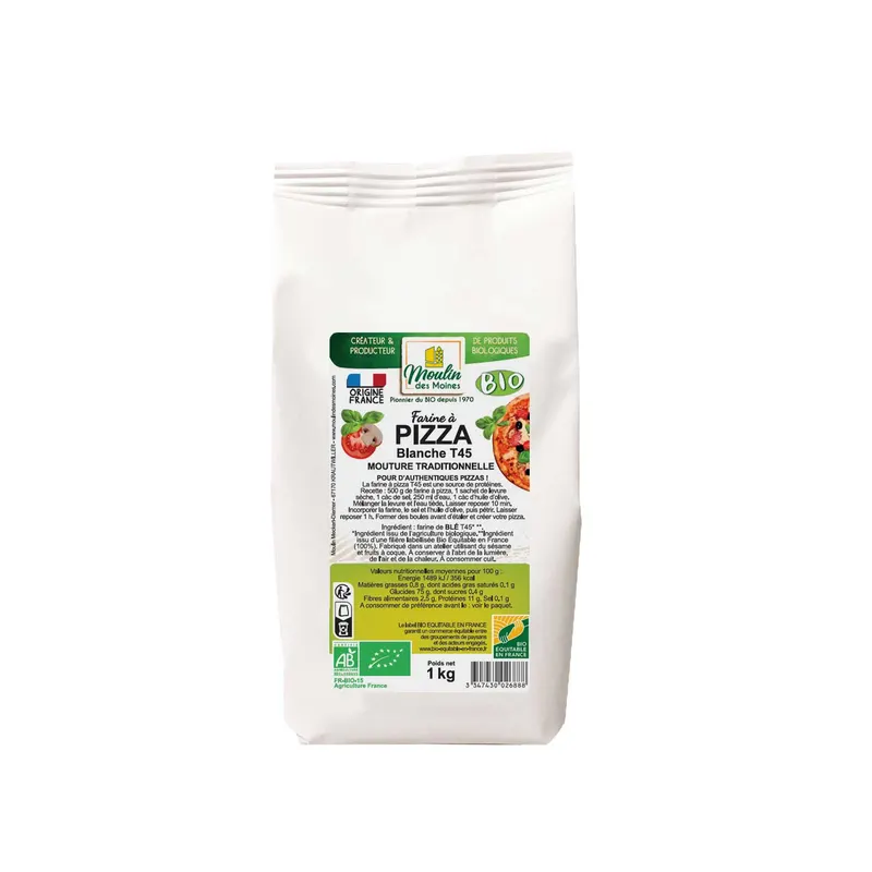 Organic White Pizza Wheat Flour T45 Fair Trade in France - 1kg, MOULIN DES MOINES