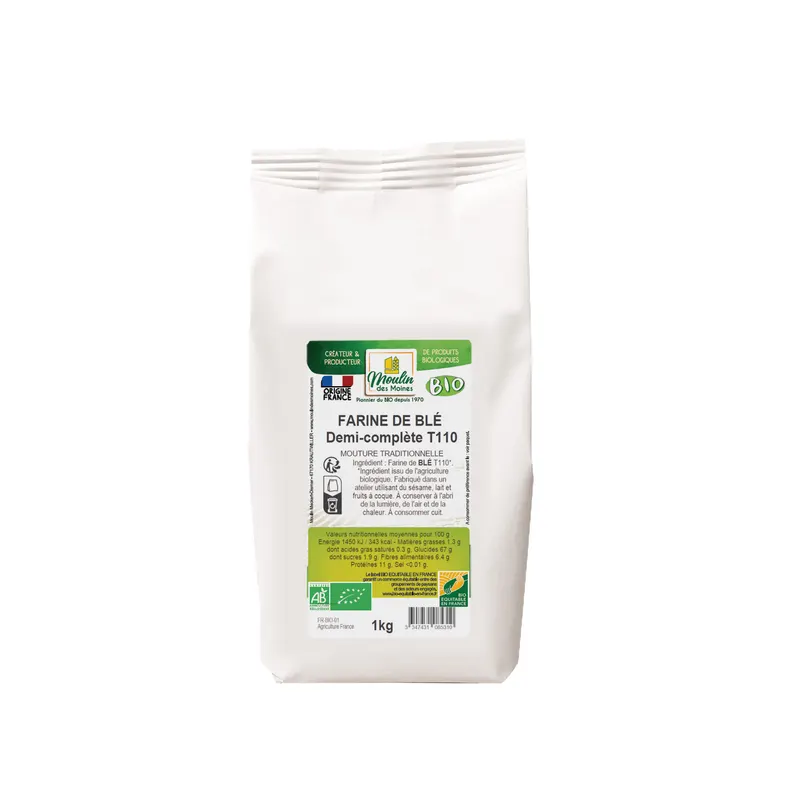 Semi-Whole Organic Wheat Flour T110 Fair Trade in France - 1kg, MOULIN DES MOINES