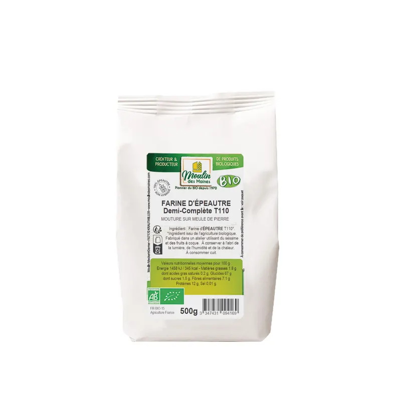 Stone-Ground Organic Semi-Whole Spelt Flour T110 - 500g, MOULIN DES MOINES