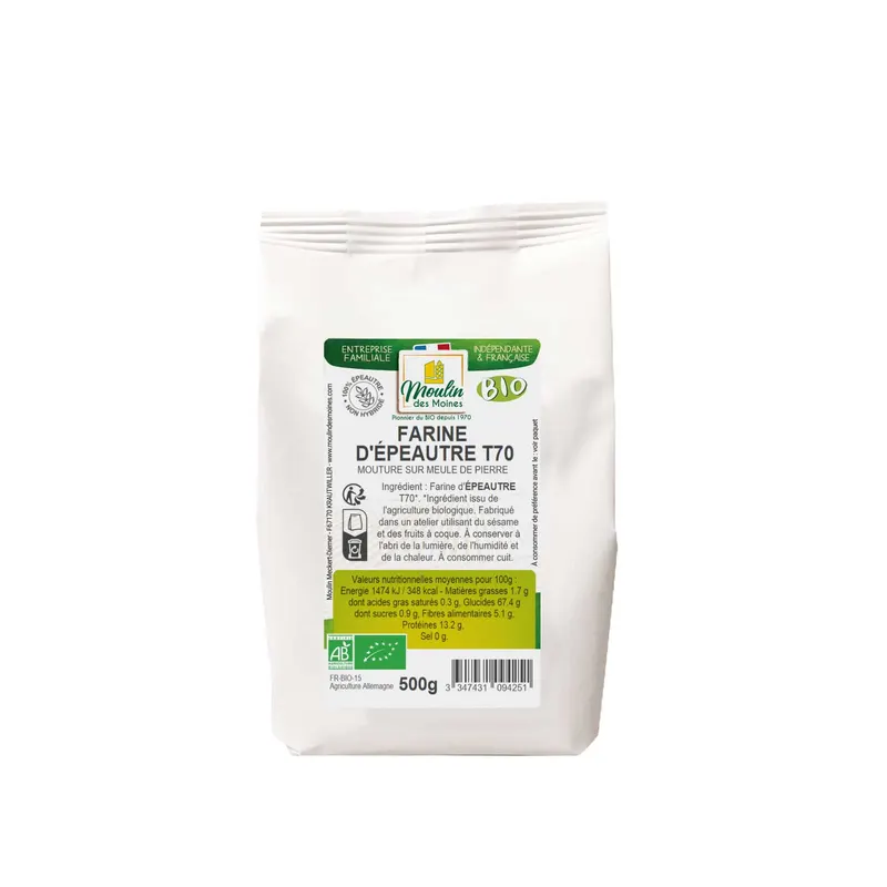 Stone-Ground Organic White Spelt Flour T70 - 500g, MOULIN DES MOINES