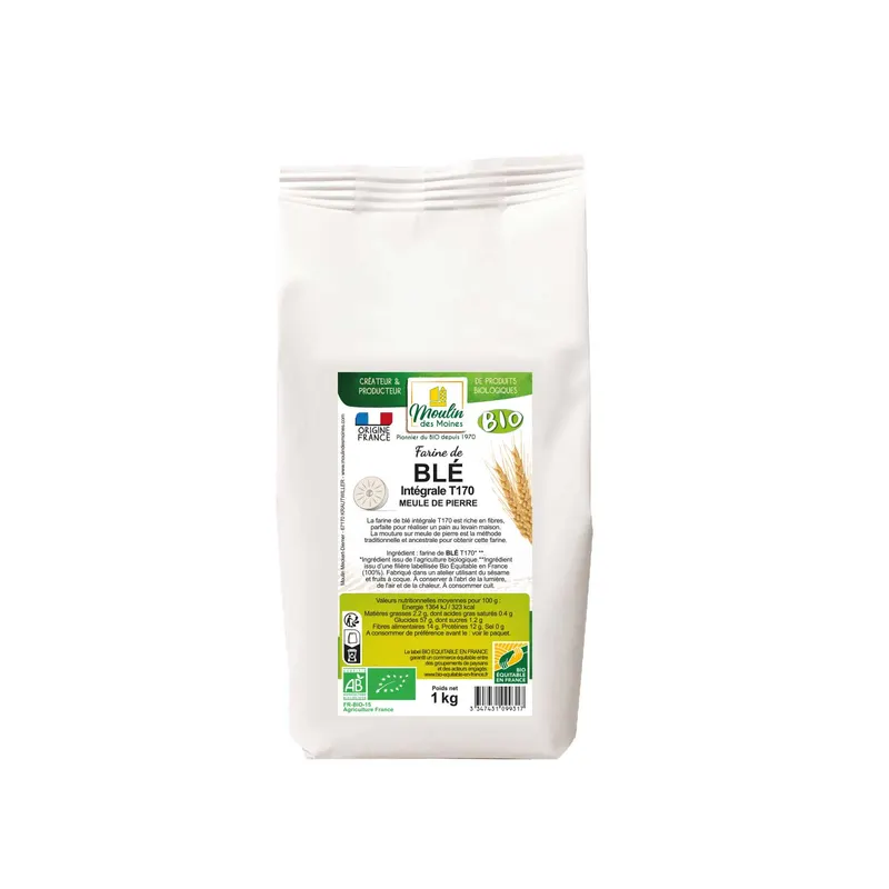 Organic Whole Wheat Flour T170 Stone-Ground Fair Trade in France - 1kg, MOULIN DES MOINES