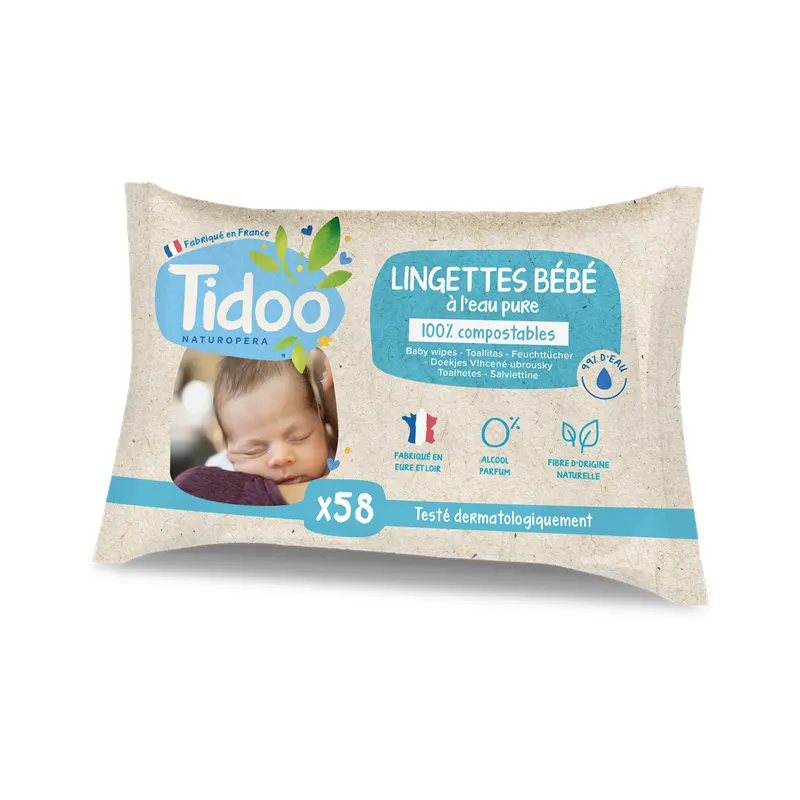 Pure Water Baby Wipes, Compostable Fibres x 58 Units, TIDOO