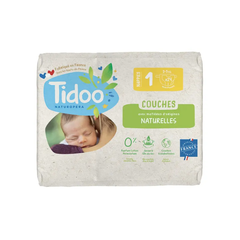 Organic Natural Veil Diapers T1 2-5kg, Pack of 24 Diapers, TIDOO