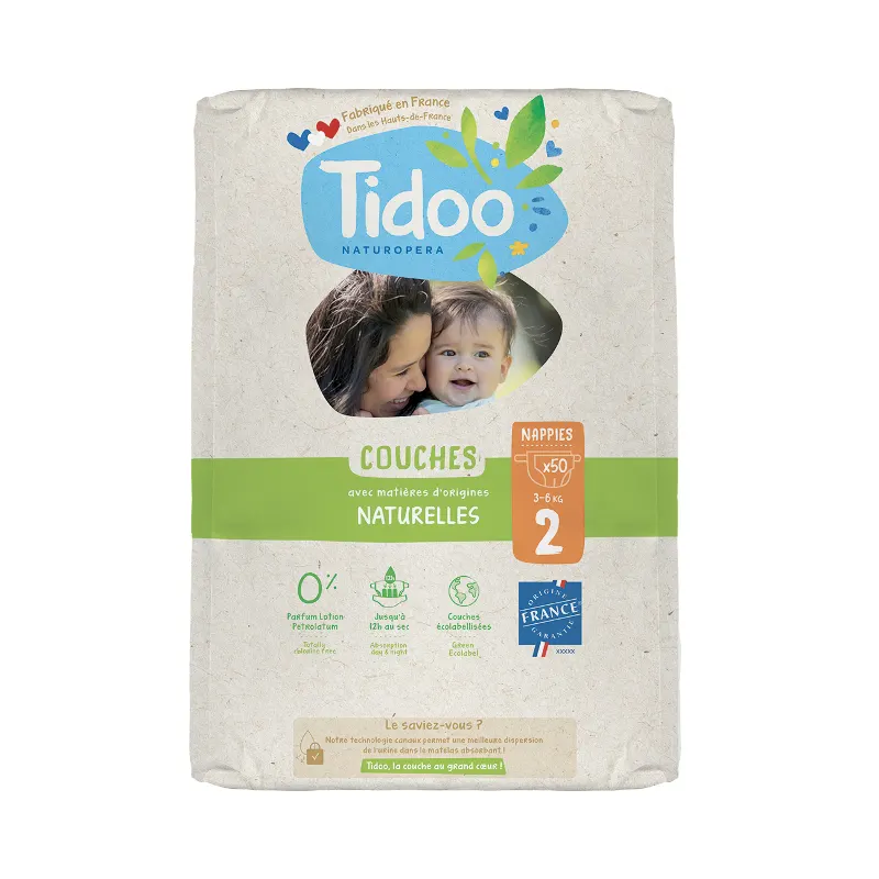 Organic Natural Veil Diapers T2 3-6kg, Jumbo Pack of 50 Diapers, TIDOO