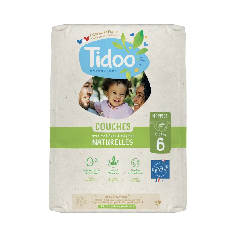 Organic Natural Veil Diapers T6 16-30kg, Jumbo Pack of 34 Diapers, TIDOO