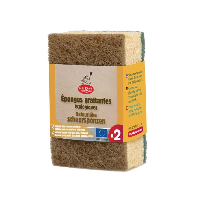 Eco Scouring Sponge Green And Brown x 2 (in display), LA DROGUERIE ECOLOGIQUE