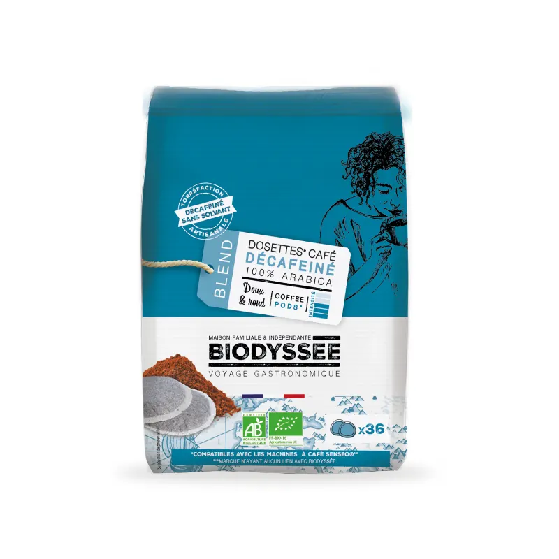 Mild Decaffeinated 100% Arabica Coffee Pods Compatible SENSEO 36x8g, BIODYSSEE