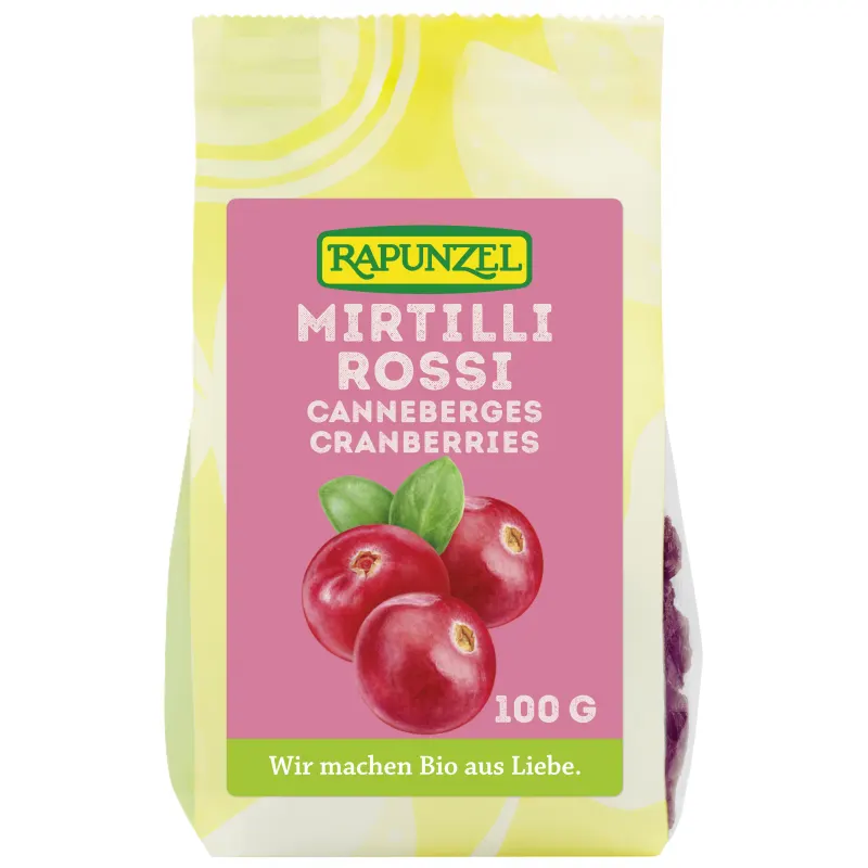 Dried Cranberries, Whole, Sweetened With Apple Juice 100g, RAPUNZEL