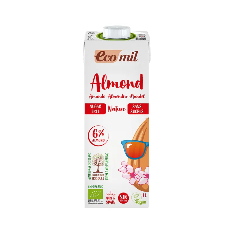 Organic Almond Milk Natural Unsweetened 1l, ECOMIL